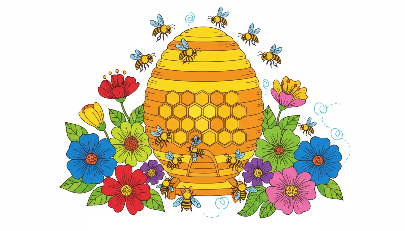 A detailed scene of a honeybee hive with busy bees collecting nectar. coloring page to print