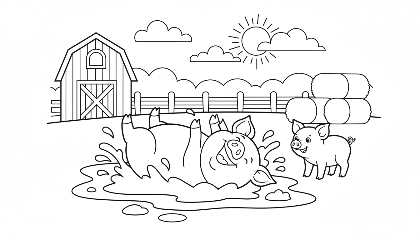 farm scene with pig rolling in muddy puddles coloring page to print