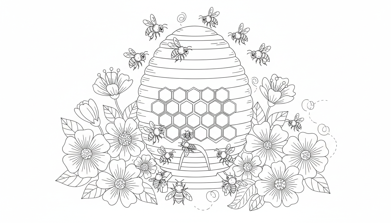 A detailed scene of a honeybee hive with busy bees collecting nectar. coloring page to print