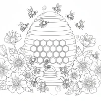 A detailed scene of a honeybee hive with busy bees collecting nectar.