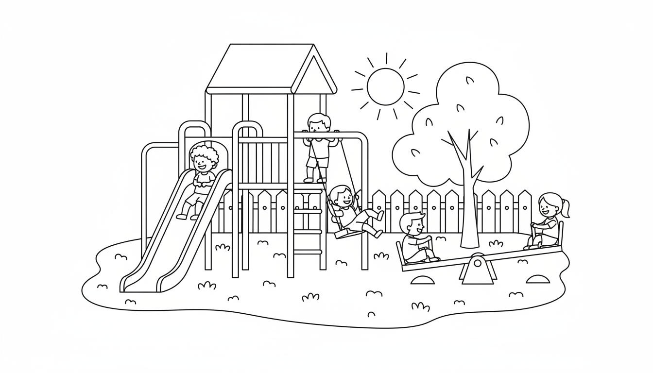 children playing on jungle gym in playground coloring page to print