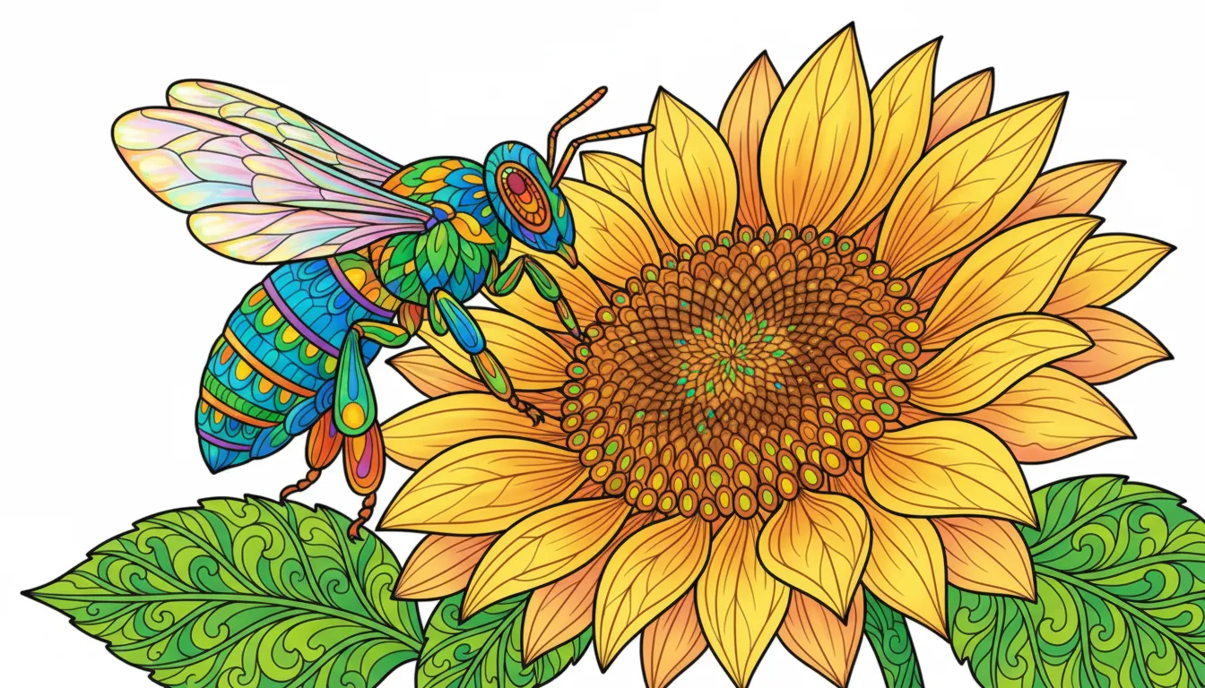 bee collecting nectar from sunflower coloring page to print