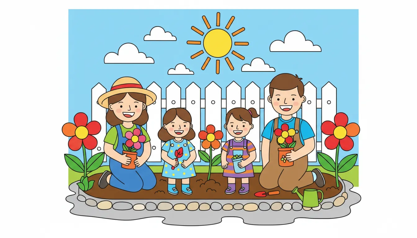 family planting flowers in spring garden coloring page to print