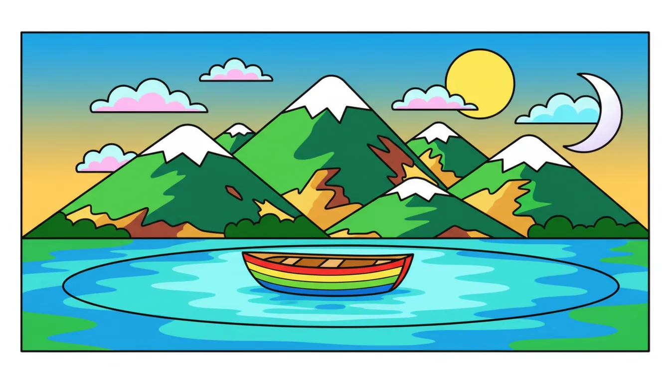 peaceful boat scene on calm mountain lake coloring page to print