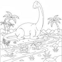 Giant dinosaur relaxing by the river with smaller dinosaurs