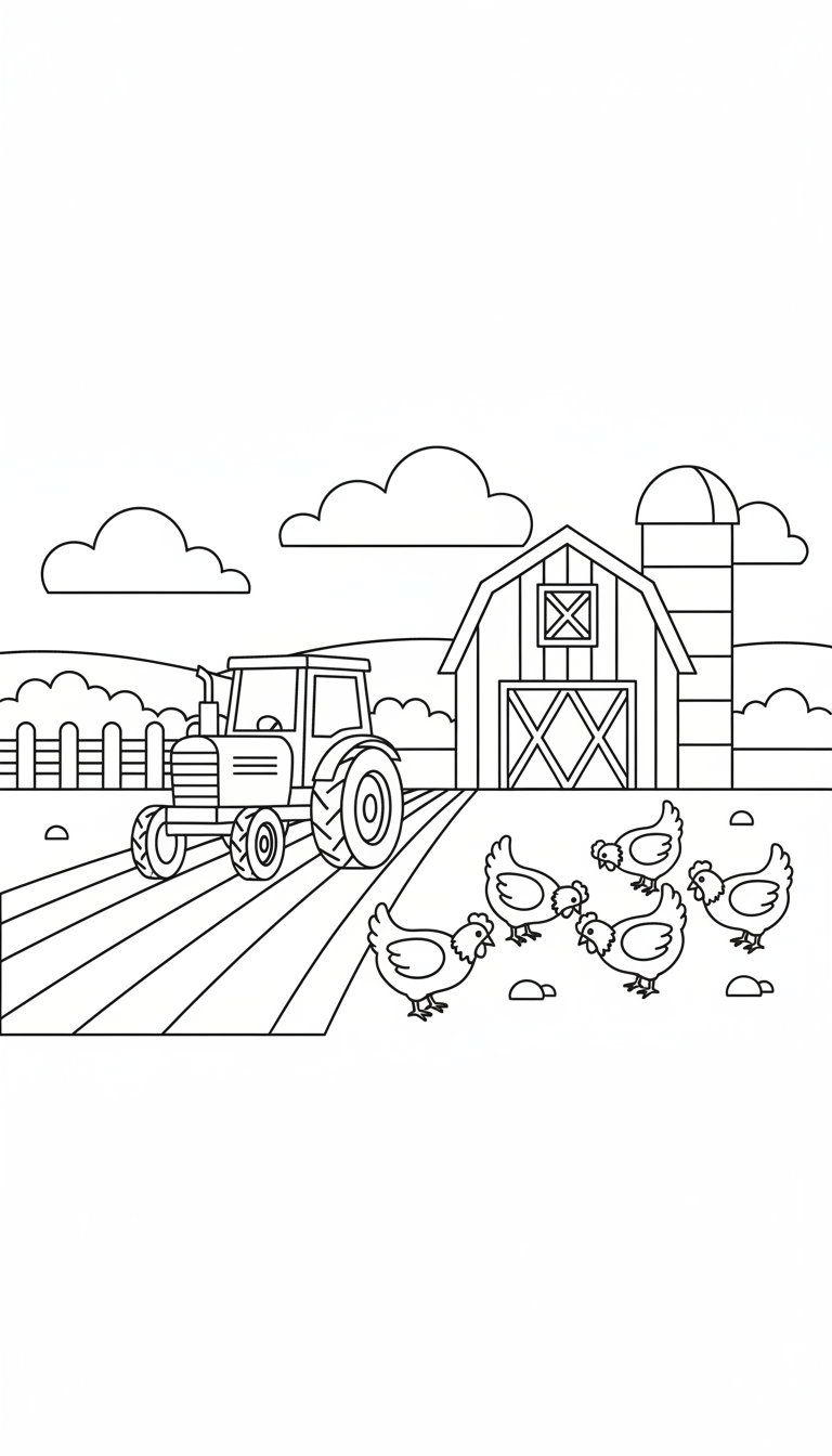 A busy farm with a tractor plowing fields and chickens pecking the ground. coloring page to print