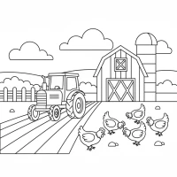 A busy farm with a tractor plowing fields and chickens pecking the ground.