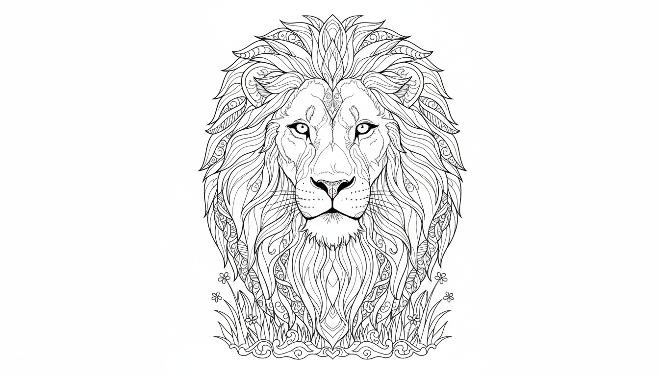 Lion with majestic mane resting in grass coloring page to print