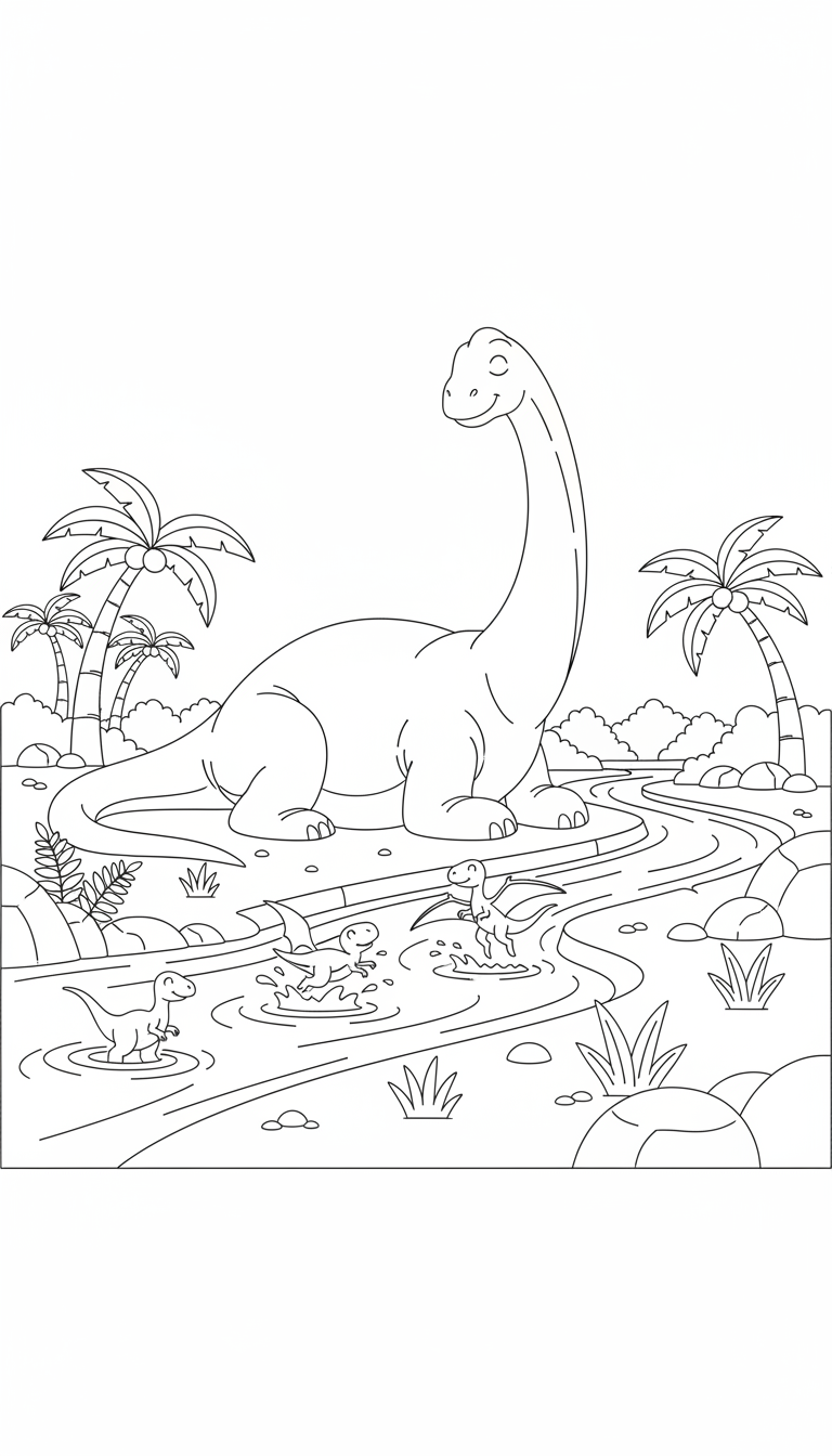 Giant dinosaur relaxing by the river with smaller dinosaurs coloring page to print
