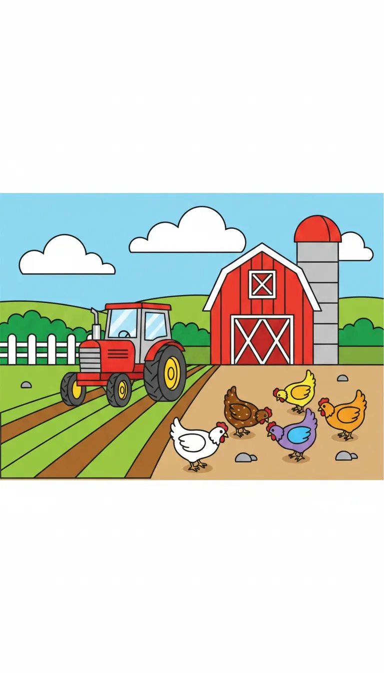 A busy farm with a tractor plowing fields and chickens pecking the ground. coloring page to print
