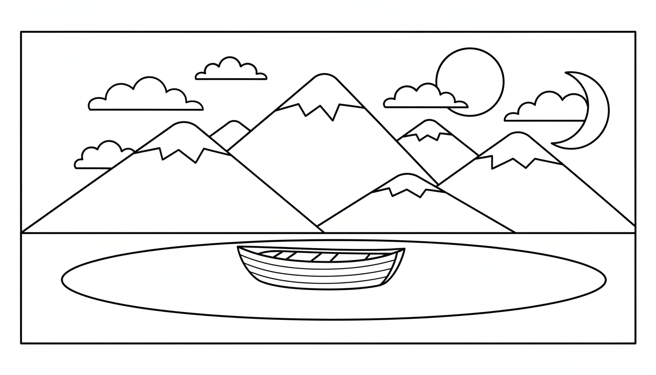 peaceful boat scene on calm mountain lake coloring page to print