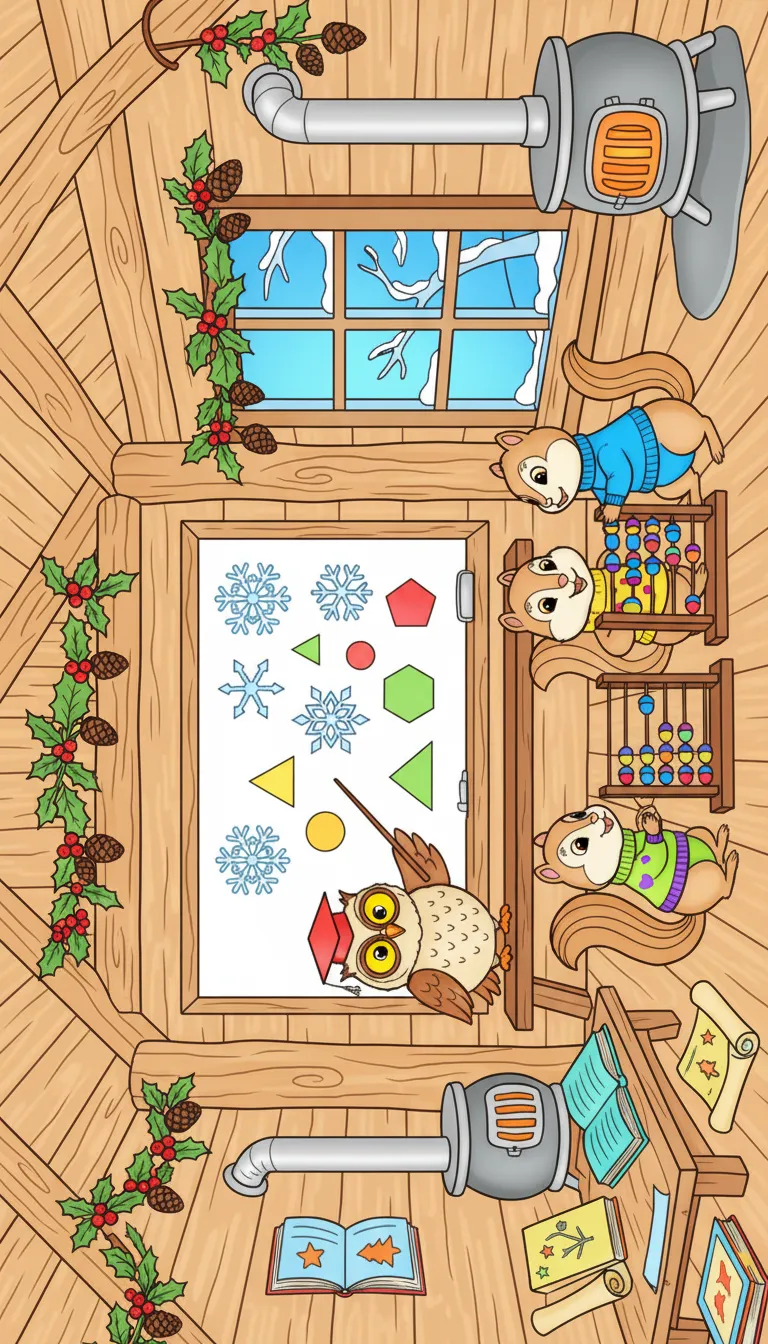 Cozy Christmas treehouse classroom scene coloring page to print