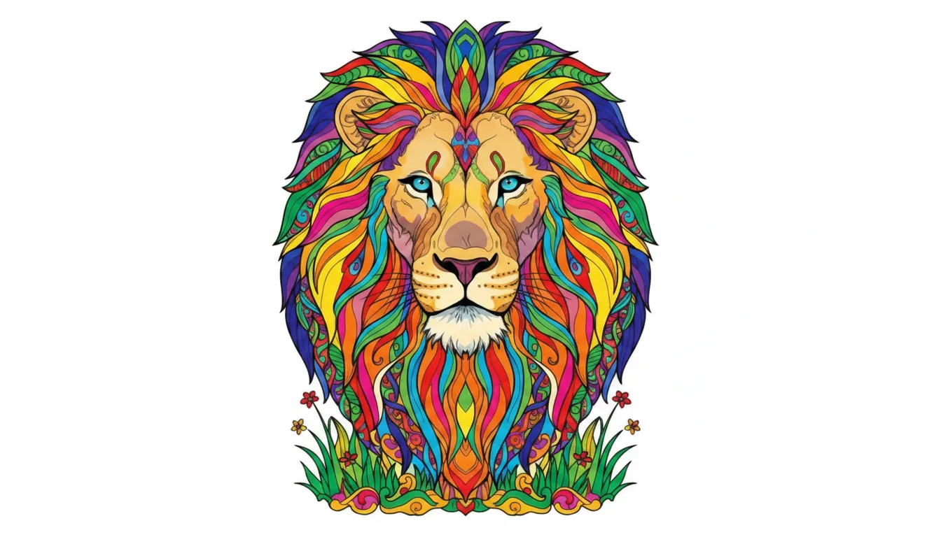 Lion with majestic mane resting in grass coloring page to print