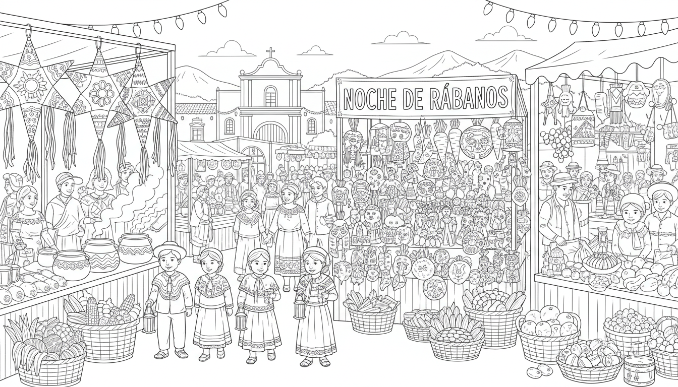 Oaxaca Christmas Market with Piñatas and Festivities coloring page to print