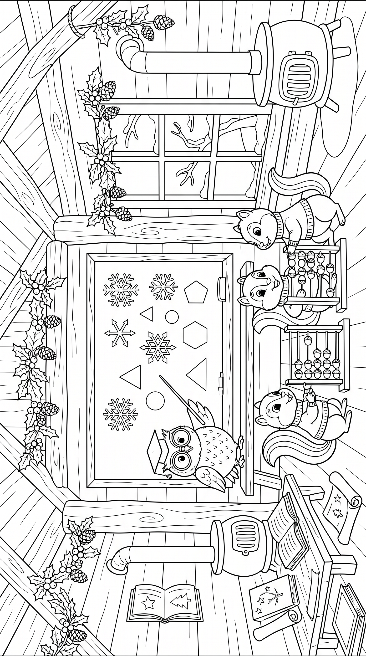 Cozy Christmas treehouse classroom scene coloring page to print