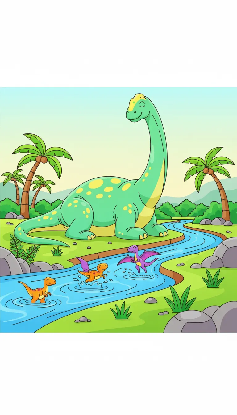 Giant dinosaur relaxing by the river with smaller dinosaurs coloring page to print