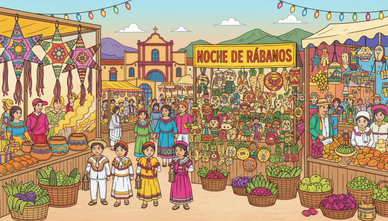 Oaxaca Christmas Market with Piñatas and Festivities coloring page to print