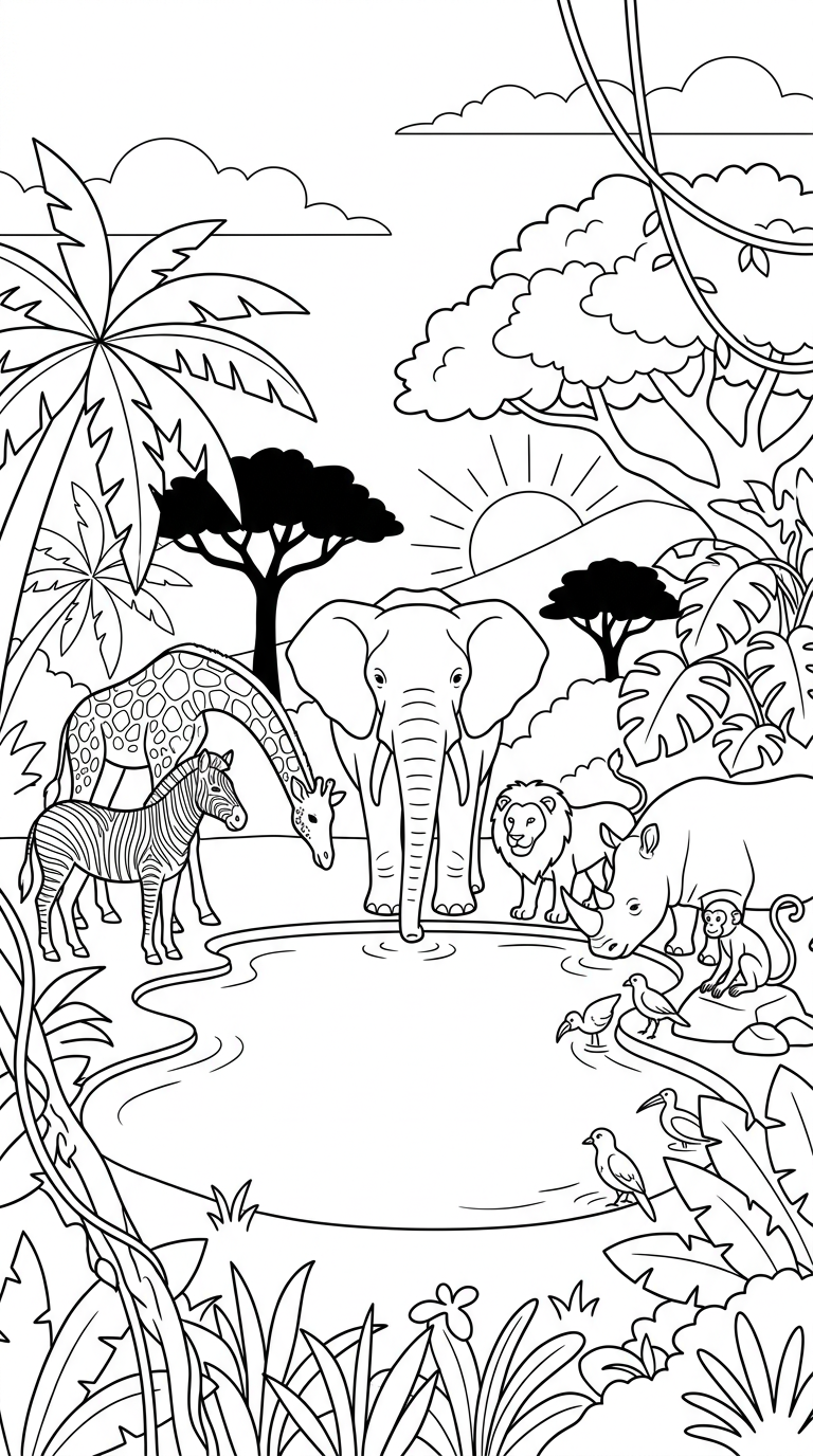 A group of wild animals gathered around a watering hole in the jungle. coloring page to print