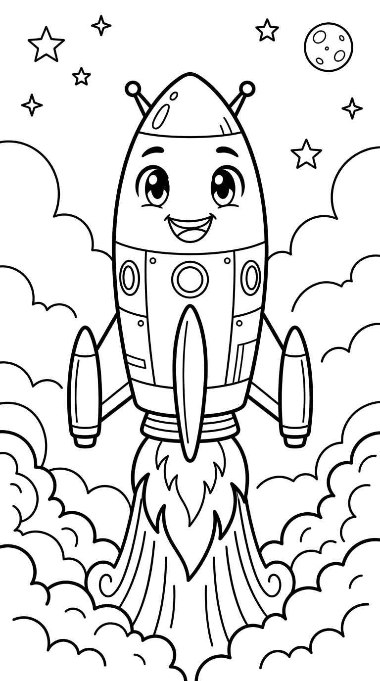 space rocket launch with flames and clouds coloring page to print