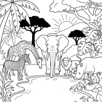 A group of wild animals gathered around a watering hole in the jungle.