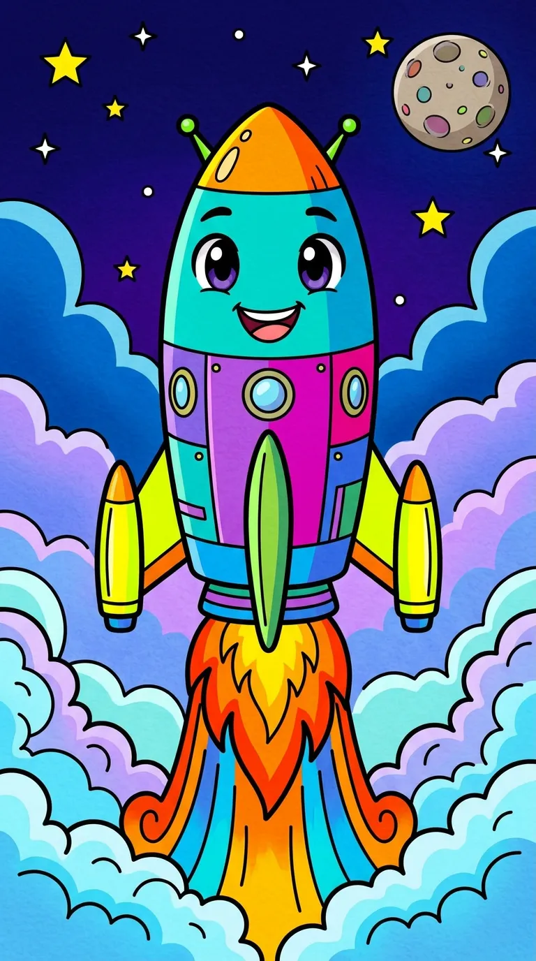 space rocket launch with flames and clouds coloring page to print