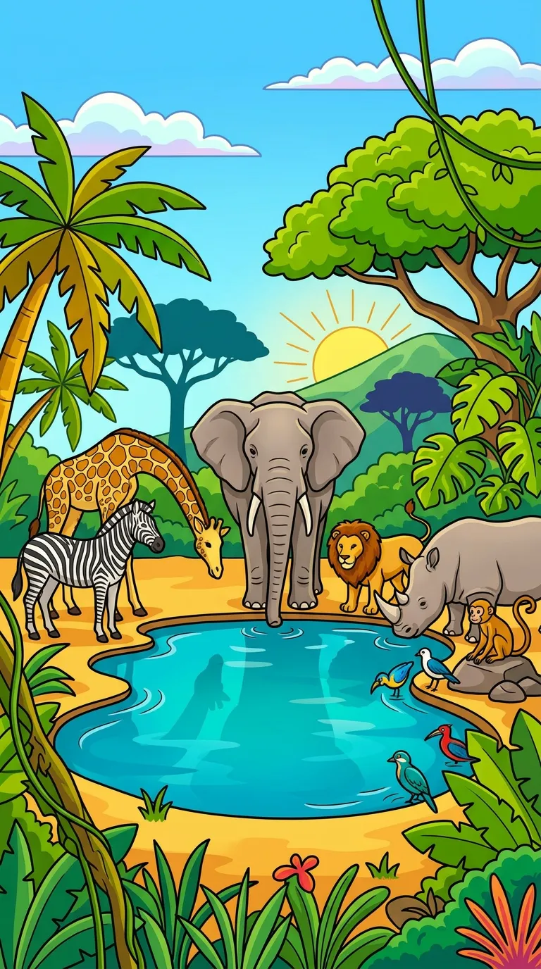 A group of wild animals gathered around a watering hole in the jungle. coloring page to print