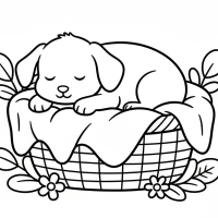 A cute puppy sleeping in a basket full of blankets.