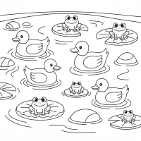 peaceful pond scene with ducks lilies and frogs