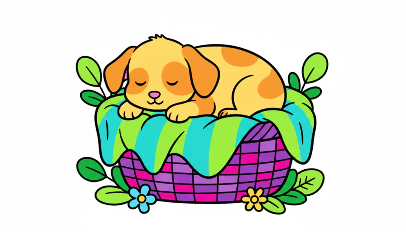 A cute puppy sleeping in a basket full of blankets. coloring page to print