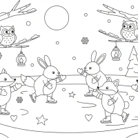 Christmas pond scene with foxes, rabbits, and owls