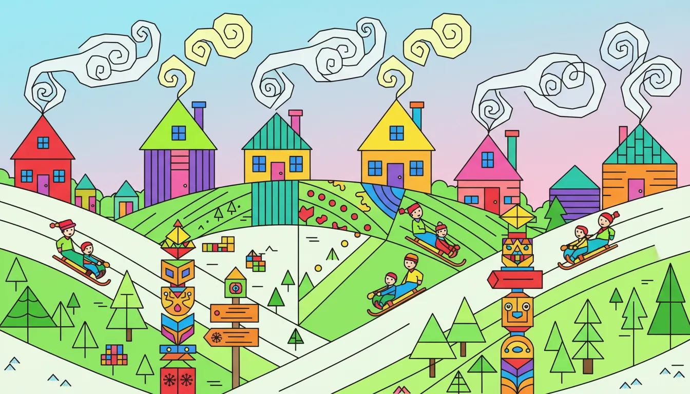 Christmas hillside with lanterns cabins and sled coloring page to print