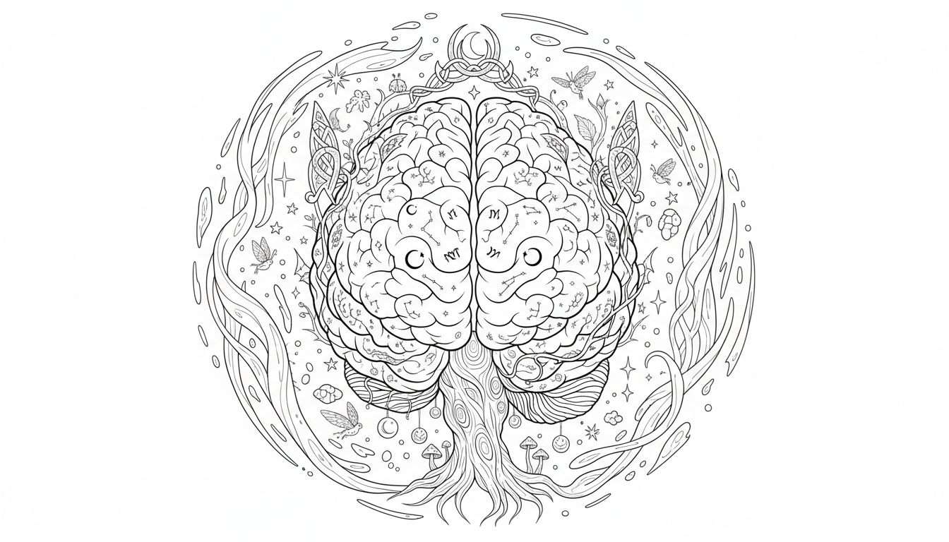 human brain with highlighted regions coloring page to print