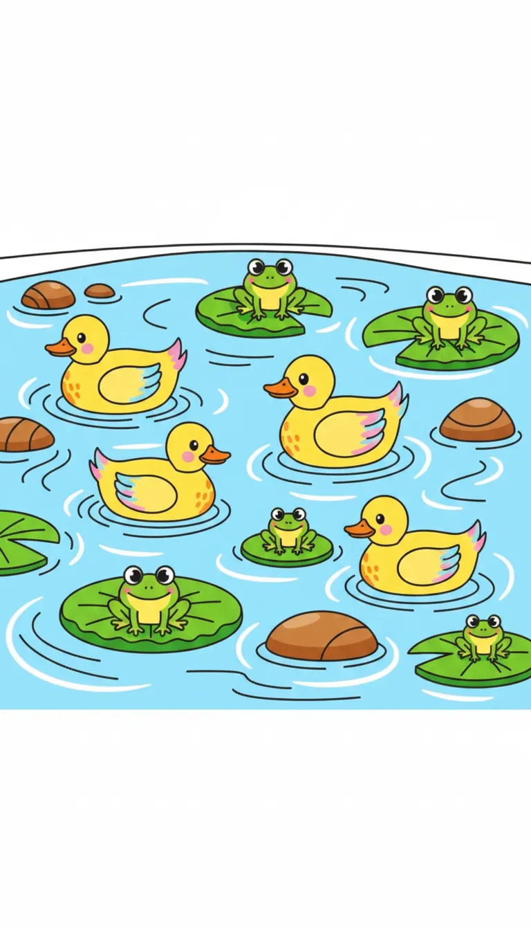 peaceful pond scene with ducks lilies and frogs coloring page to print