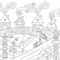 Christmas hillside with lanterns cabins and sled