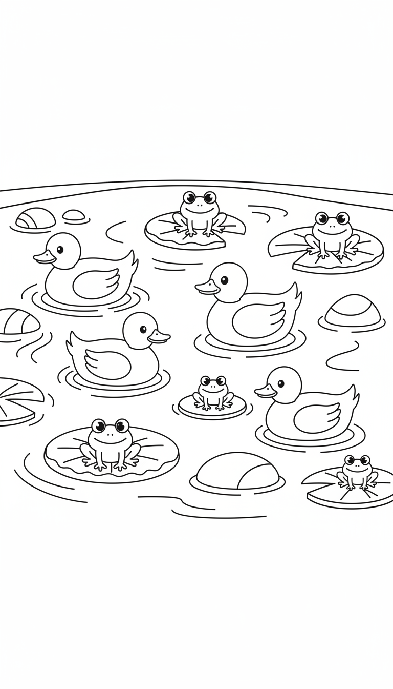 peaceful pond scene with ducks lilies and frogs coloring page to print