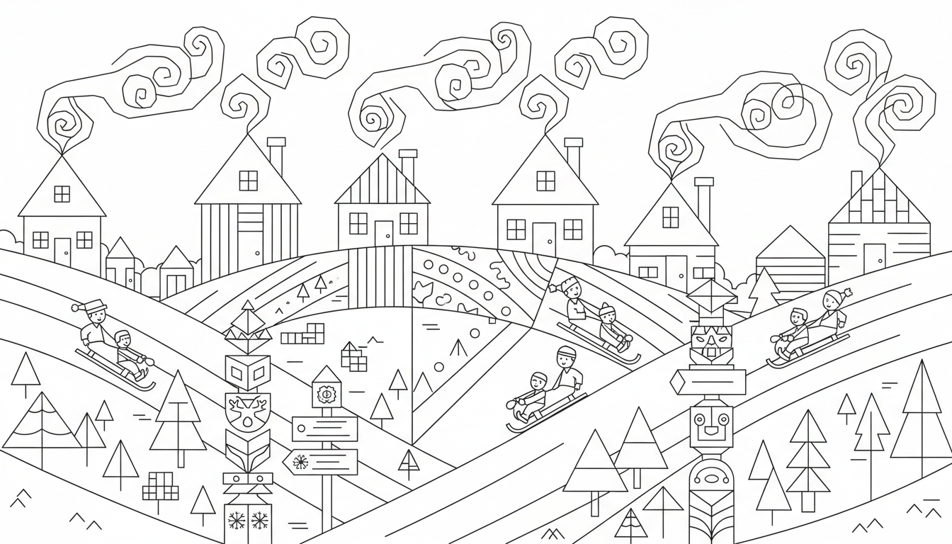 Christmas hillside with lanterns cabins and sled coloring page to print