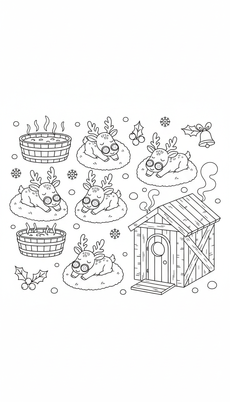 Christmas reindeer spa scene coloring page to print