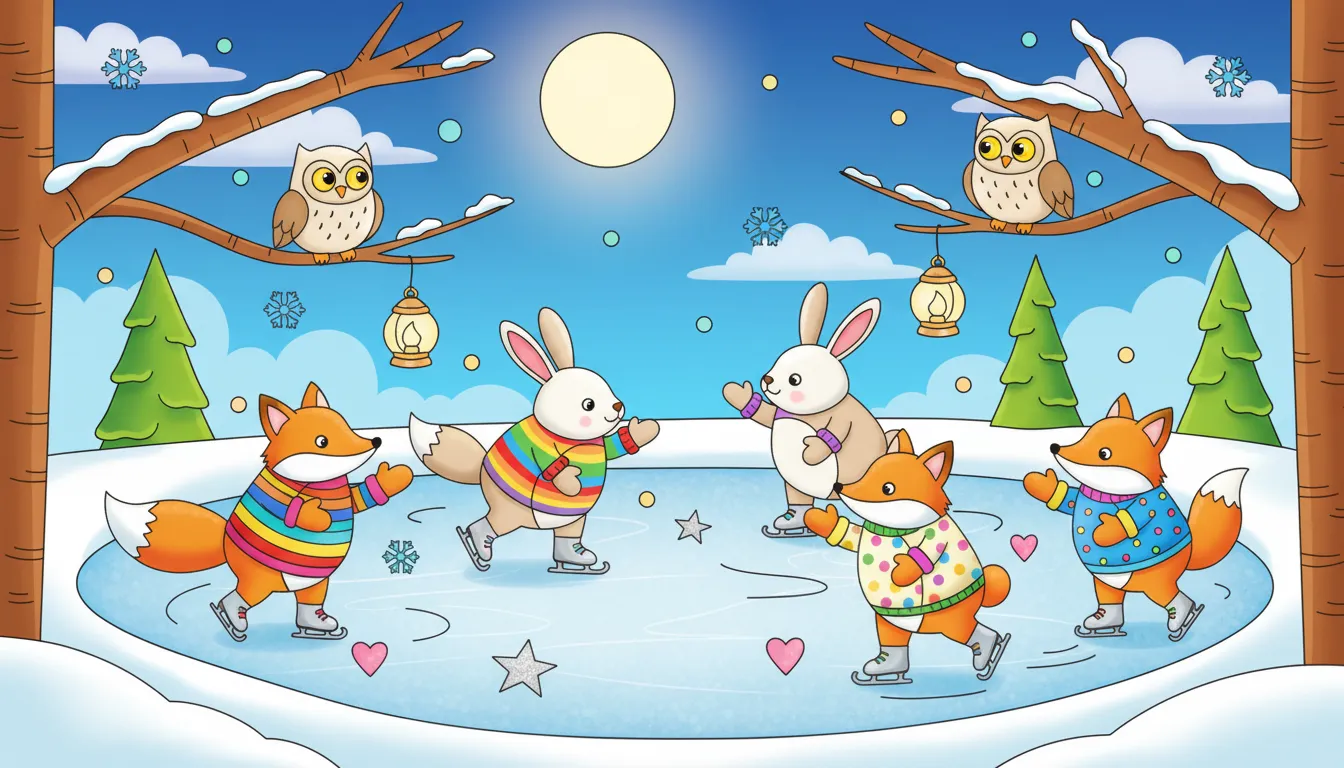 Christmas pond scene with foxes, rabbits, and owls coloring page to print