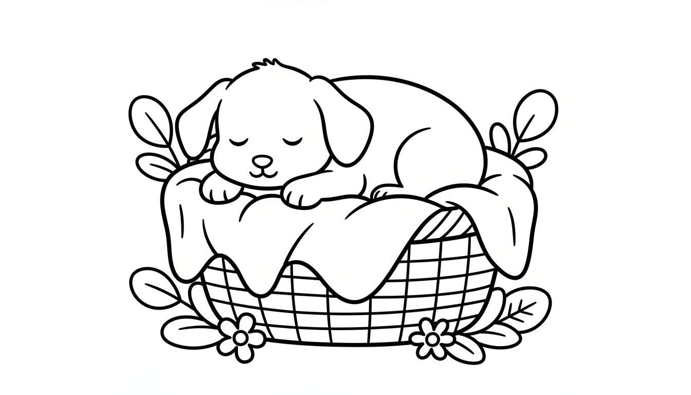 A cute puppy sleeping in a basket full of blankets. coloring page to print
