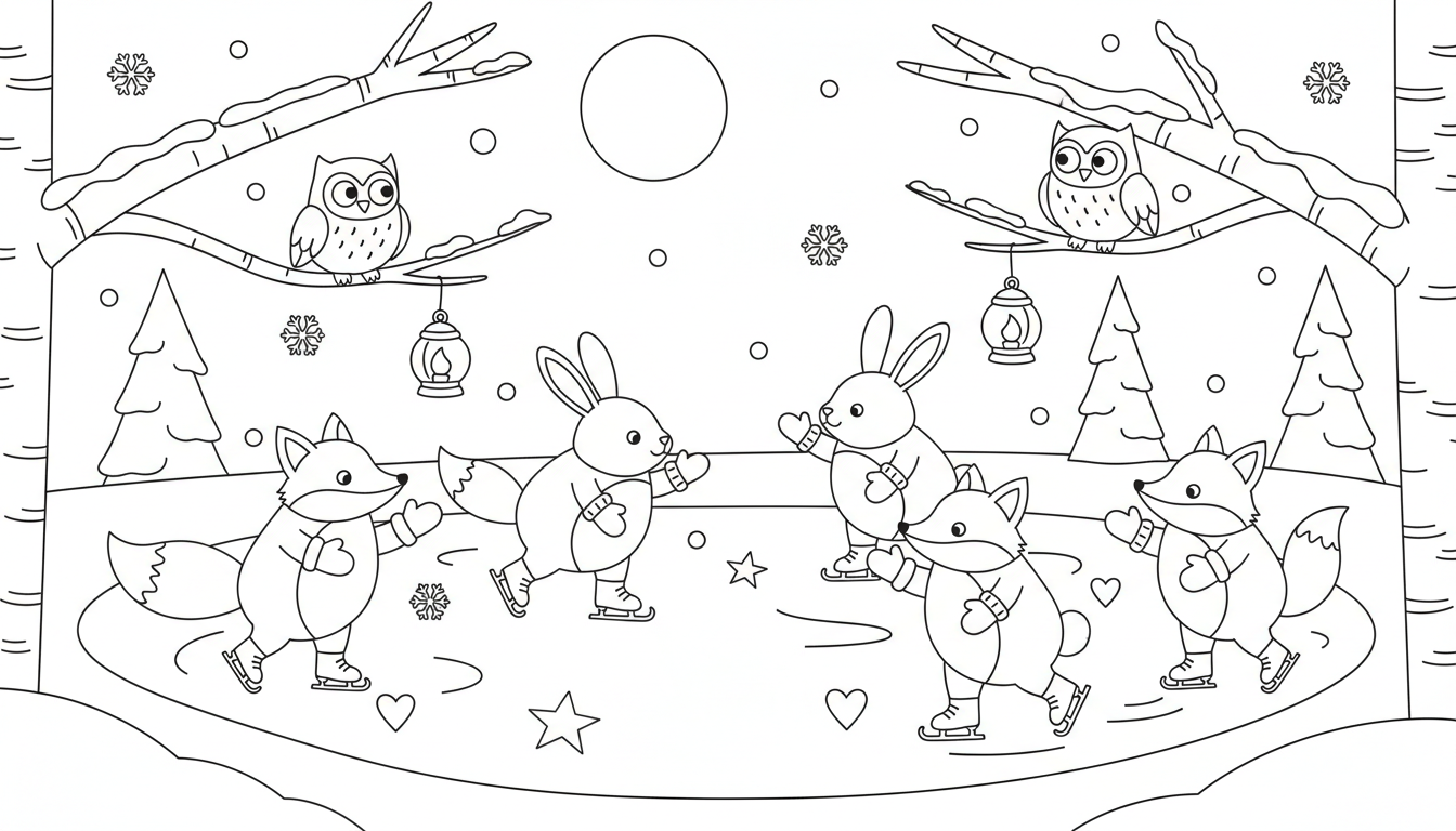 Christmas pond scene with foxes, rabbits, and owls coloring page to print