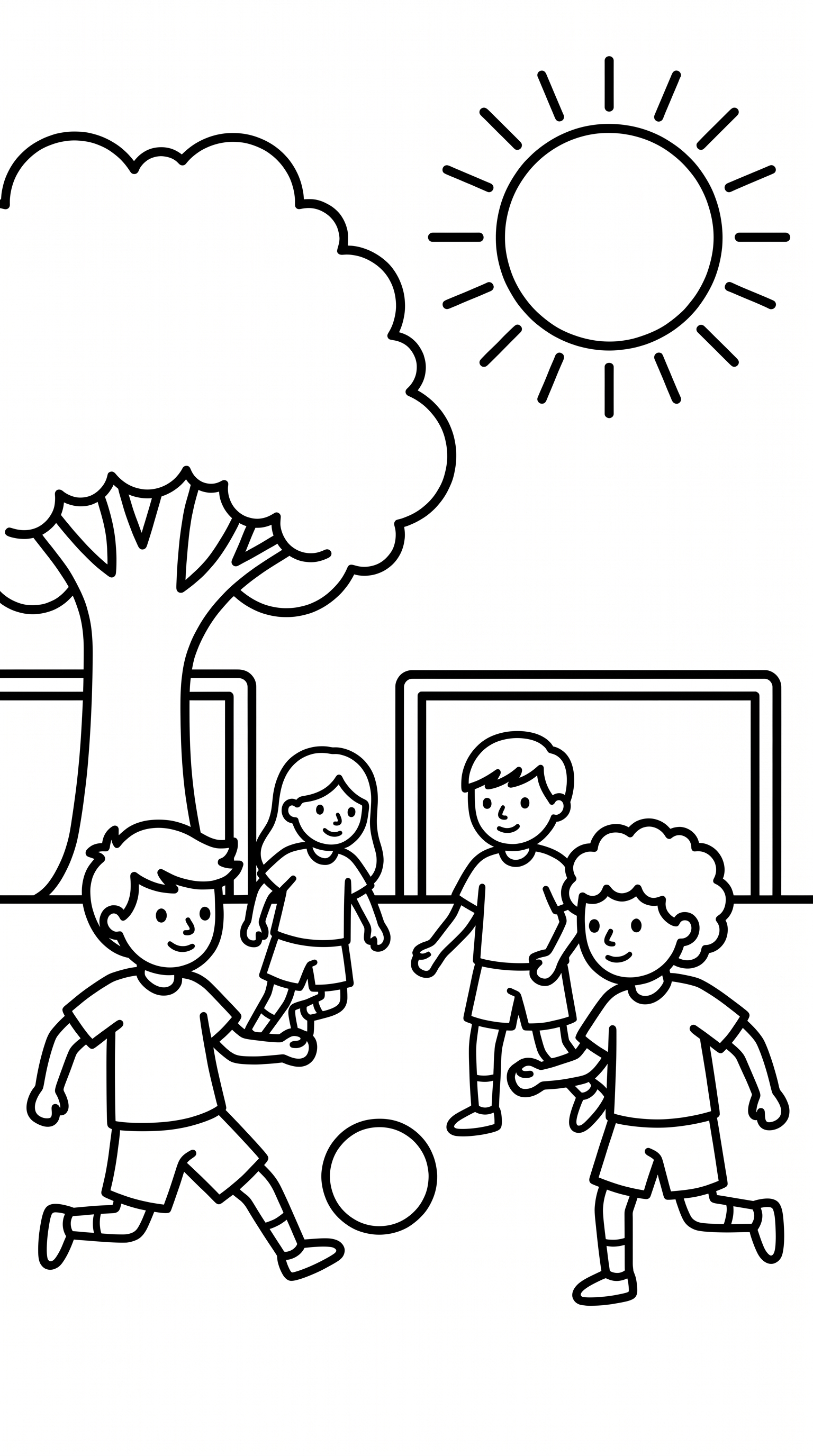 children playing soccer in sunny field coloring page to print