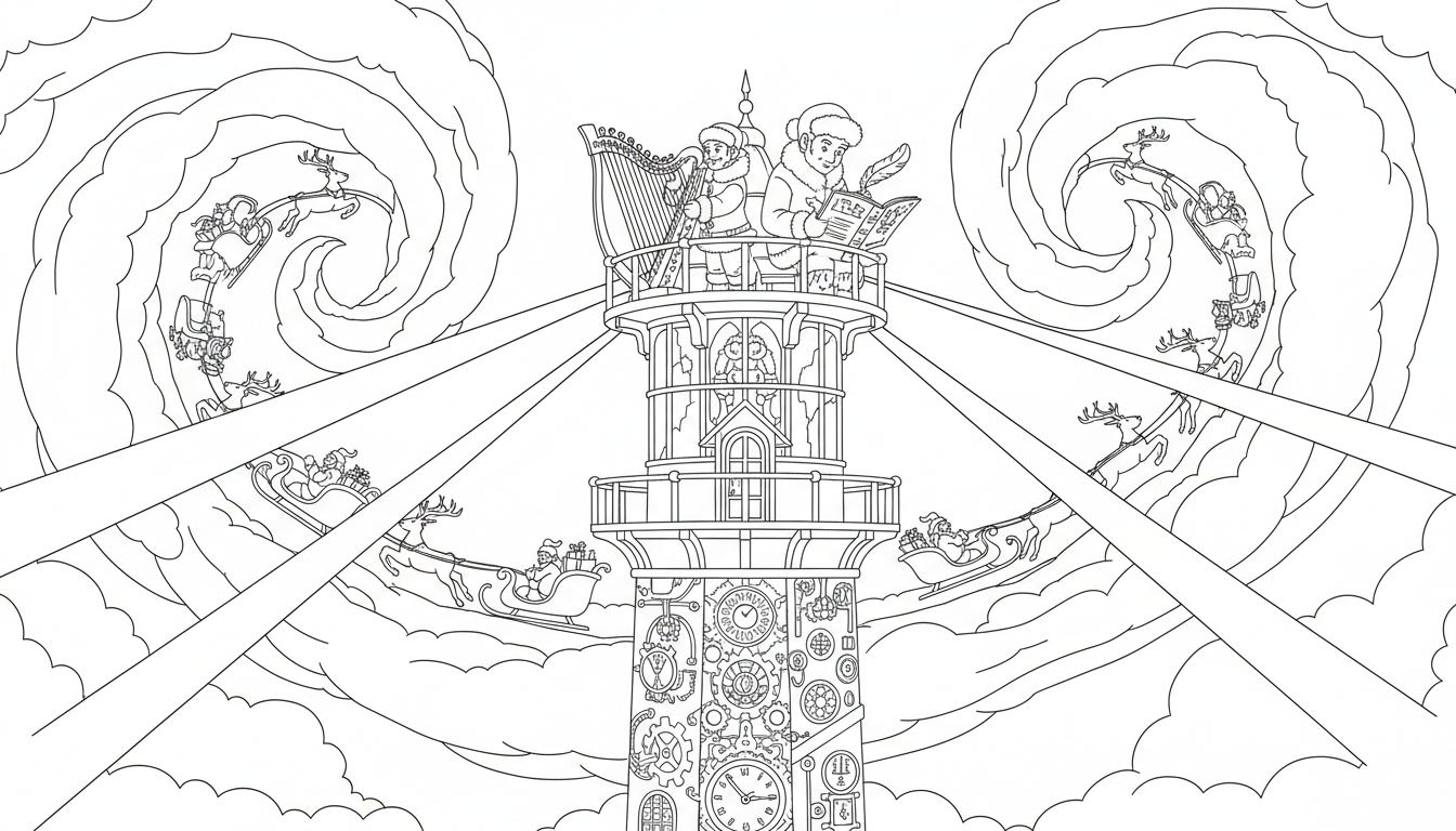 Christmas lighthouse guiding sleighs through storm skies coloring page to print