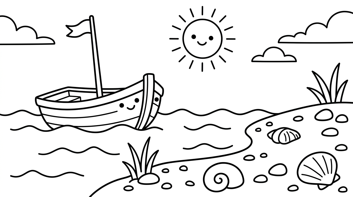 A small boat drifting on gentle waves near a sandy beach with seashells scattered on the shore. coloring page to print