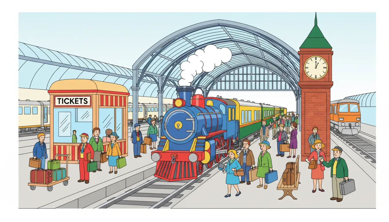 busy train station with passengers and trains coloring page to print