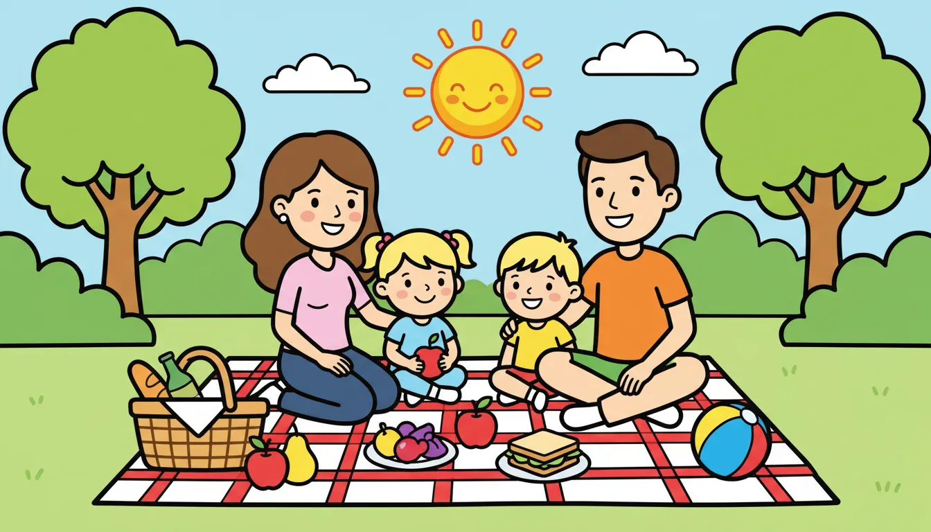 Happy family picnic in the park coloring page to print