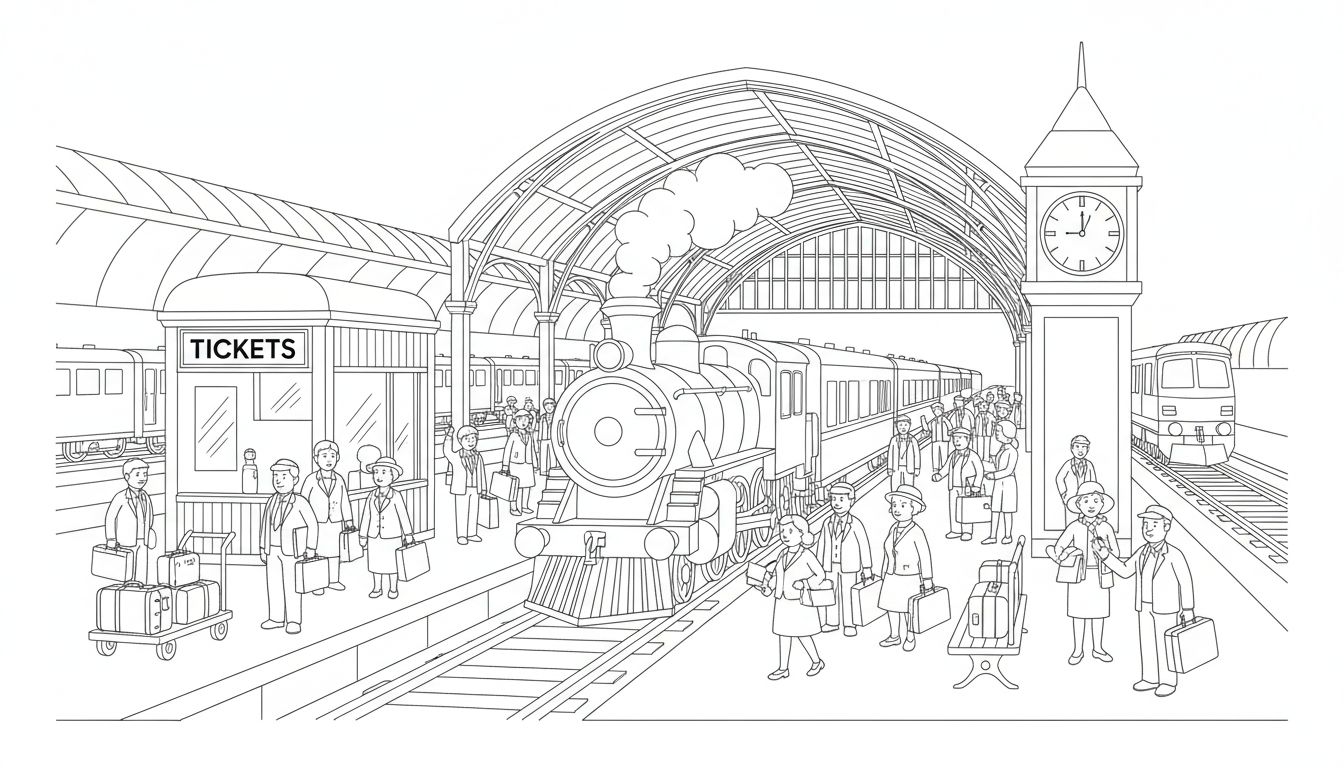busy train station with passengers and trains coloring page to print