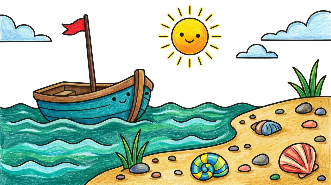 A small boat drifting on gentle waves near a sandy beach with seashells scattered on the shore. coloring page to print