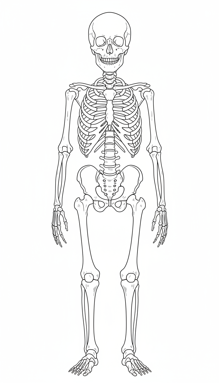 human skeleton front view with all bones coloring page to print