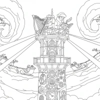 Christmas lighthouse guiding sleighs through storm skies