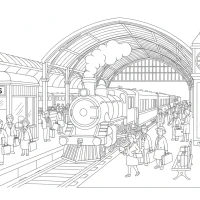 busy train station with passengers and trains